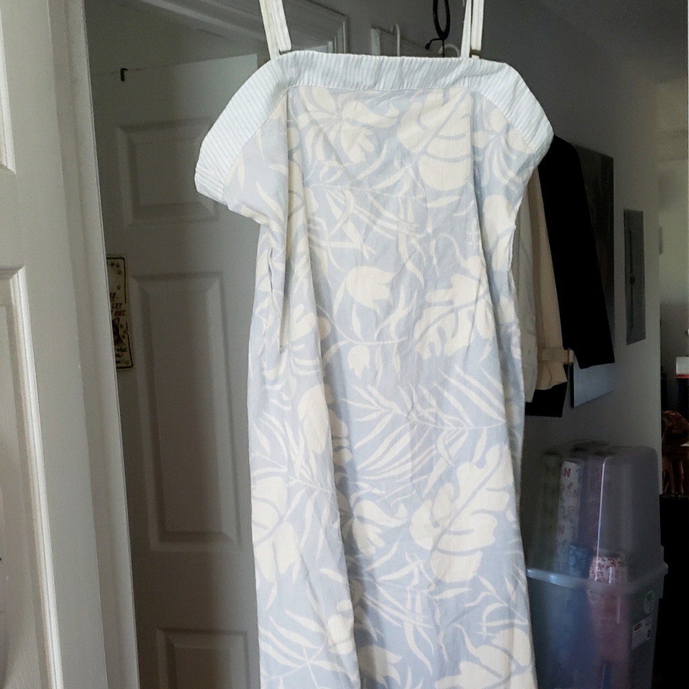 Sun Dress 100% cotton, pale blue tropical print with pinstripe accents.